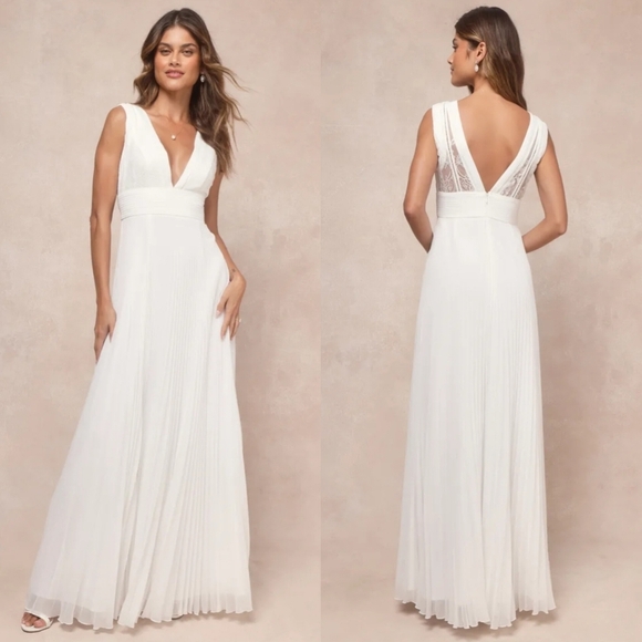 Lulus Gorgeous Forever Ivory Chiffon Lace Pleated Backless Maxi Dress Wedding - Picture 1 of 11